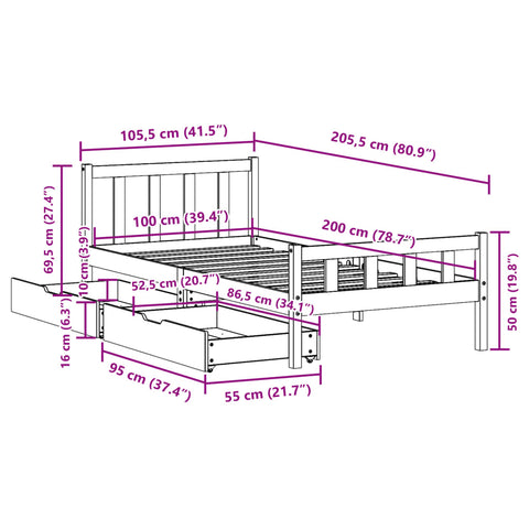 vidaXL Massivholzbett ohne Matratze 100x200 cm Kiefernholz