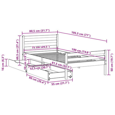 Massivholzbett ohne Matratze 75x190 cm Kiefernholz