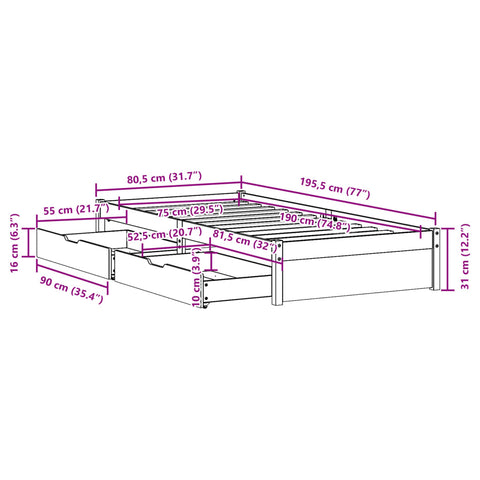 Massivholzbett ohne Matratze 75x190 cm Kiefernholz