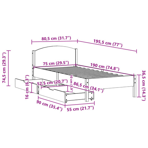 Massivholzbett ohne Matratze 75x190 cm Kiefernholz