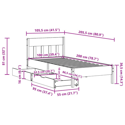 vidaXL Massivholzbett ohne Matratze 100x200 cm Kiefernholz