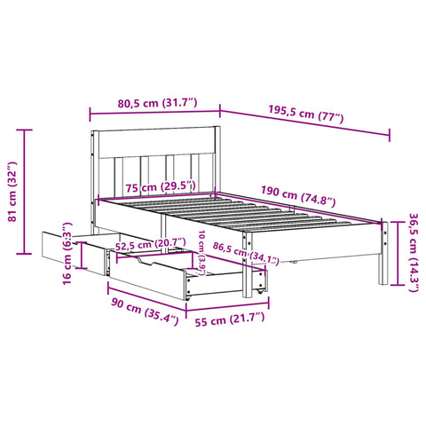 Massivholzbett ohne Matratze 75x190 cm Kiefernholz