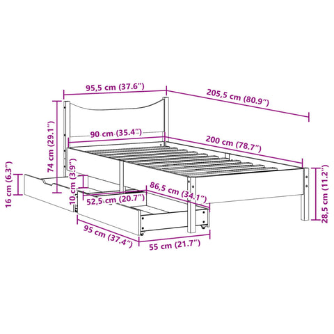 vidaXL Massivholzbett mit Schubladen 90x200 cm Kiefer