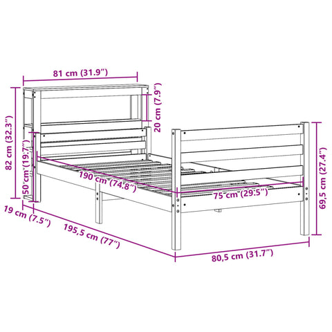 Bettgestell mit Kopfteil ohne Matratze 75x190 cm