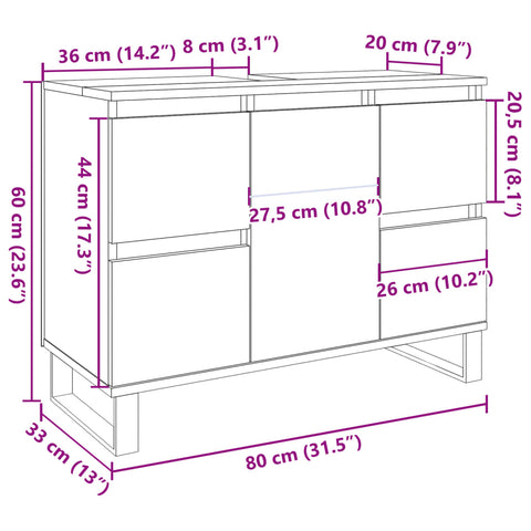 vidaXL Waschbeckenunterschrank Betongrau 80x33x60 cm Holzwerkstoff