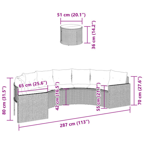 Gartensofa mit Tisch und Kissen Halbrund Grau Poly Rattan