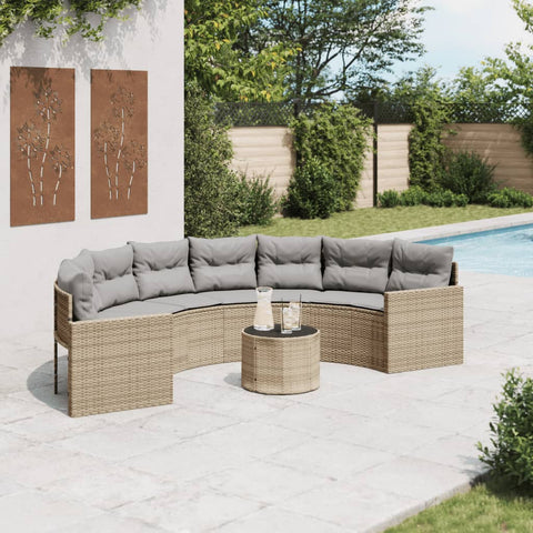 Gartensofa mit Tisch und Kissen Halbrund Beige Poly-Rattan