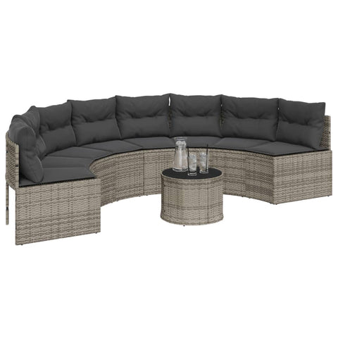 Gartensofa mit Kissen Halbrund Grau Poly Rattan