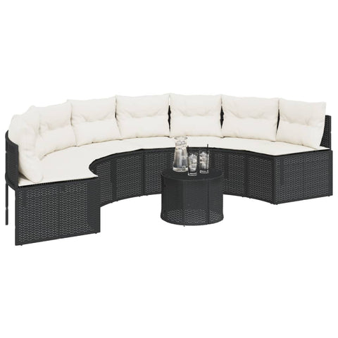 Gartensofa mit Tisch und Kissen Halbrund Schwarz Poly-Rattan