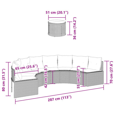 Gartensofa mit Tisch und Kissen Halbrund Schwarz Poly-Rattan