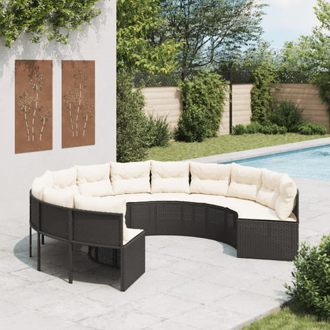 Gartensofa mit Kissen Rund Schwarz Poly-Rattan