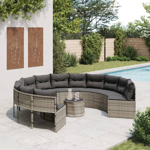 Gartensofa mit Tisch und Kissen Rund Grau Poly Rattan