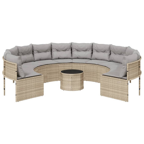 Gartensofa mit Tisch und Kissen Rund Beige Poly-Rattan