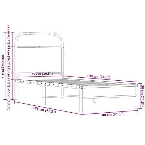 vidaXL Bettgestell ohne Matratze 75x190 cm Braun Eichen-Optik