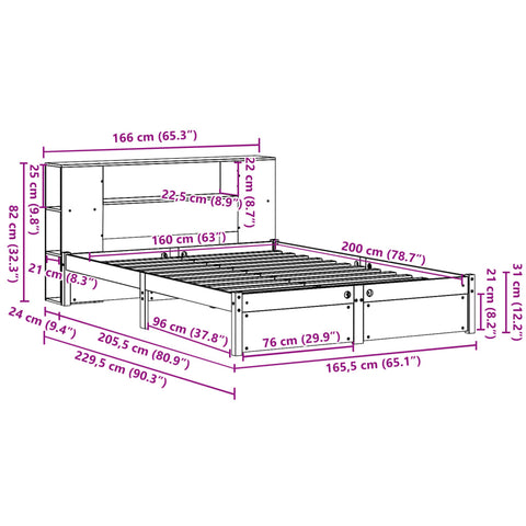 Massivholzbett mit Regal ohne Matratze 160x200 cm Kiefernholz