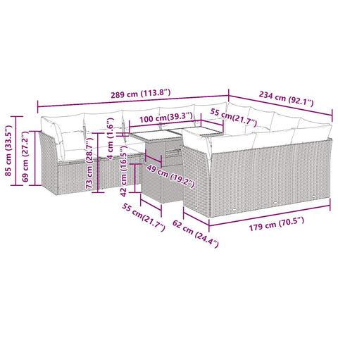 11-tlg. Garten-Sofagarnitur mit Kissen Hellgrau Poly Rattan