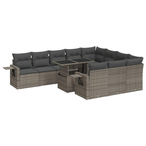 11-tlg. Garten-Sofagarnitur mit Kissen Grau Poly Rattan