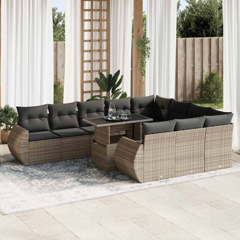 11-tlg. Garten-Sofagarnitur mit Kissen Grau Poly Rattan