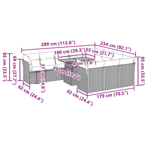 11-tlg. Garten-Sofagarnitur mit Kissen Grau Poly Rattan