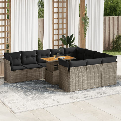 11-tlg. Garten-Sofagarnitur mit Kissen Grau Poly Rattan