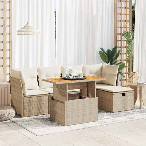 6-tlg. Garten-Sofagarnitur mit Kissen Beige Poly Rattan Akazie