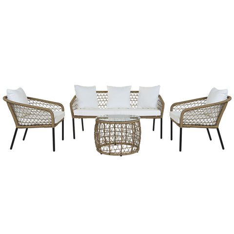 Tisch mit 3 Sesseln DKD Home Decor Weiß 137 x 73,5 x 66,5 cm Synthetischer Rattan Stahl-0