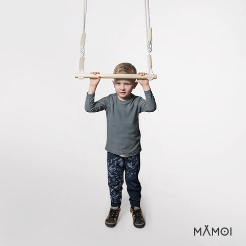 MAMOI® Trapez schaukel, Turnringe aus holz, Turngeräte für kinder indoor und outdoor, Turnen mit Holzschaukel, Gymnastikringe und Trapezstange-4