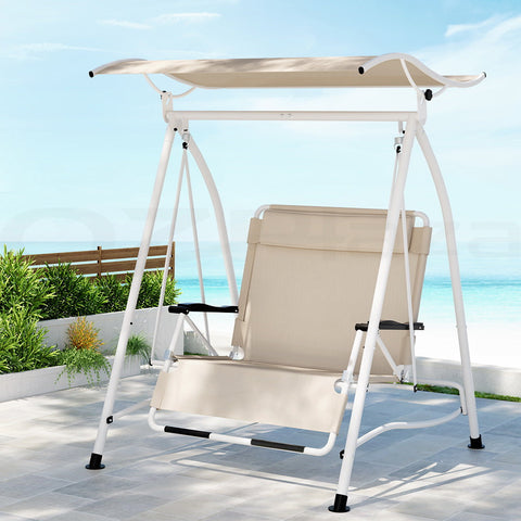 Gardeon Outdoor Swing Chair Garden Lounger 2 Seater Canopy Patio Furniture Beige-5