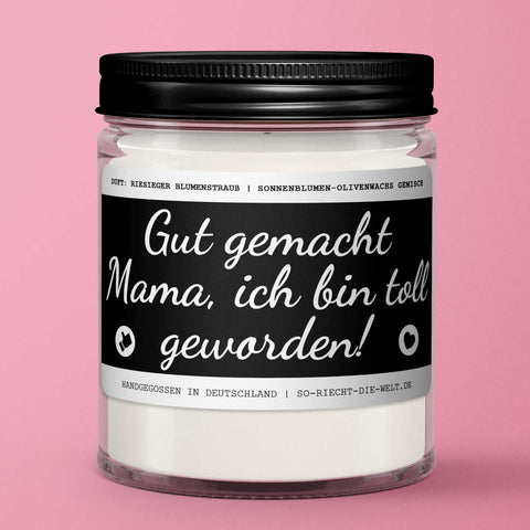 Mama Kerze "Gut gemacht Mama, ich bin toll geworden!" Duft: riesiger Blumenstrauß-0