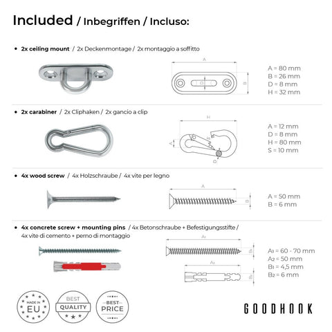 MAMOI® Deckenhaken schwerlast, Karabiner für schaukel, Schaukelhaken betondecke, Schwerlasthaken decke und holz, Deckenhacken für hängesessel, Hängematten aufhängung zubehör, Haken befestigung-2