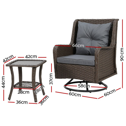 Gardeon Outdoor Chairs Patio Furniture Lounge Setting 3 Pcs Wicker Swivel Chair Table Bistro Set-1