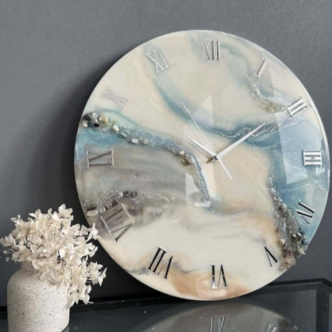 White Grey and Blue Abstract Epoxy Resin Wall Clock For Home Decor-0